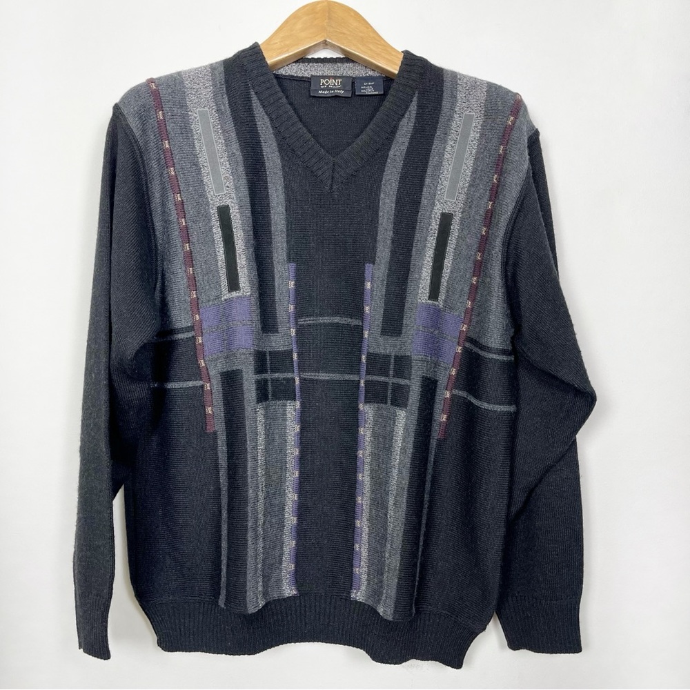 Point of Italy Men's‎ Merino Wool Blend V-Neck Sweater Black Grey Size Medium